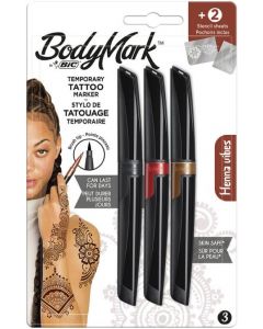 Blister 3 marcadores bodymark henna + 2 plantillas para tatuajes