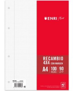 RECAMBIO A4 4 TALADROS 100H 90G CUAD 4X4 C/MARGEN ENRI