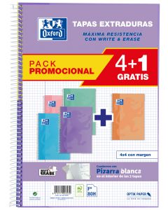 Pack 4+1 cuaderno espiral fº 80h 90g. cuad.4x4 c/m tapa extradura colores pastel
